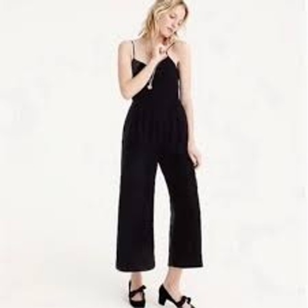 J.Crew Jumpsuit Womens 8 Black Velvet Wide-Leg Cropped Spaghetti Strap H2658‎